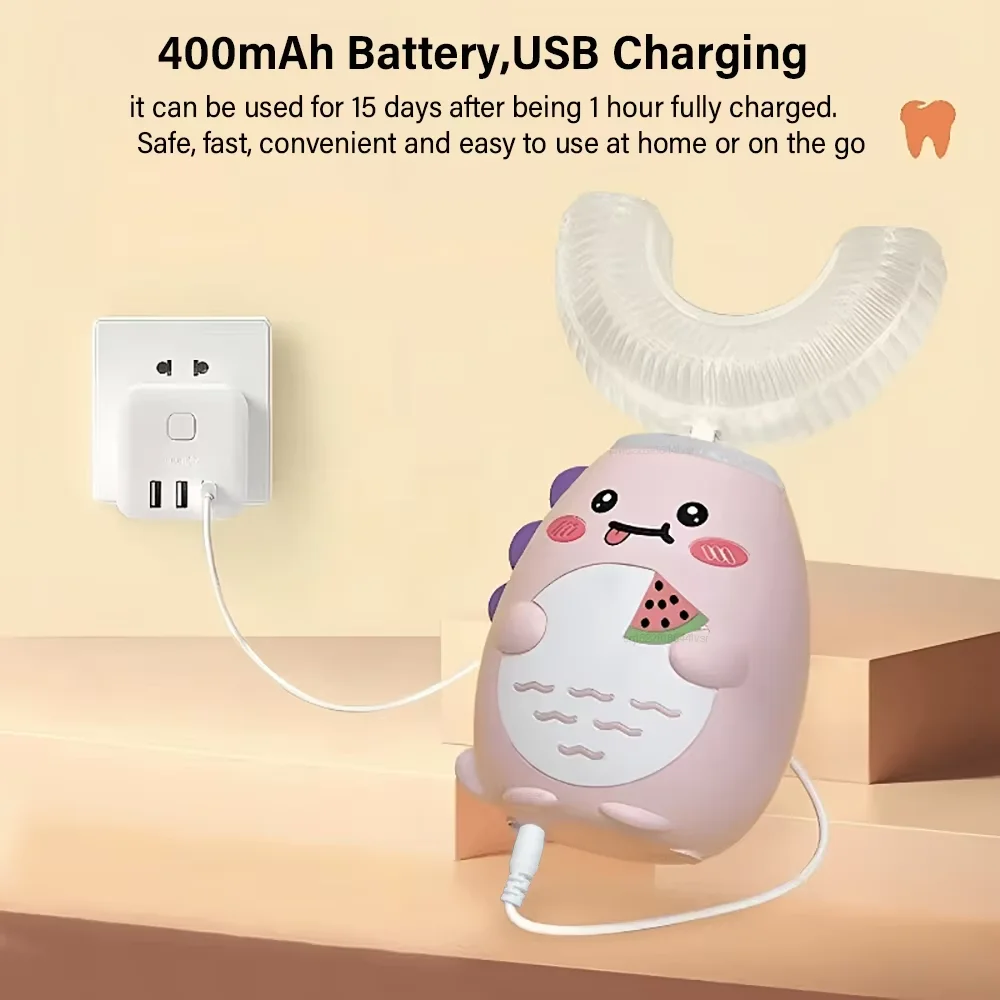 

Детская электрическая зубная щетка, автоматическая очистка зубов на 360 градусов, пищевой силикон, зарядка через USB, детская U-образная зубная щетка