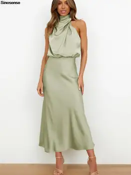 女性用ノースリーブサテンサマードレス,ハンモックカラー,カクテルパーティー,マキシ,エレガント,ロング,ウェディングゲスト,イブニング,フォーマル