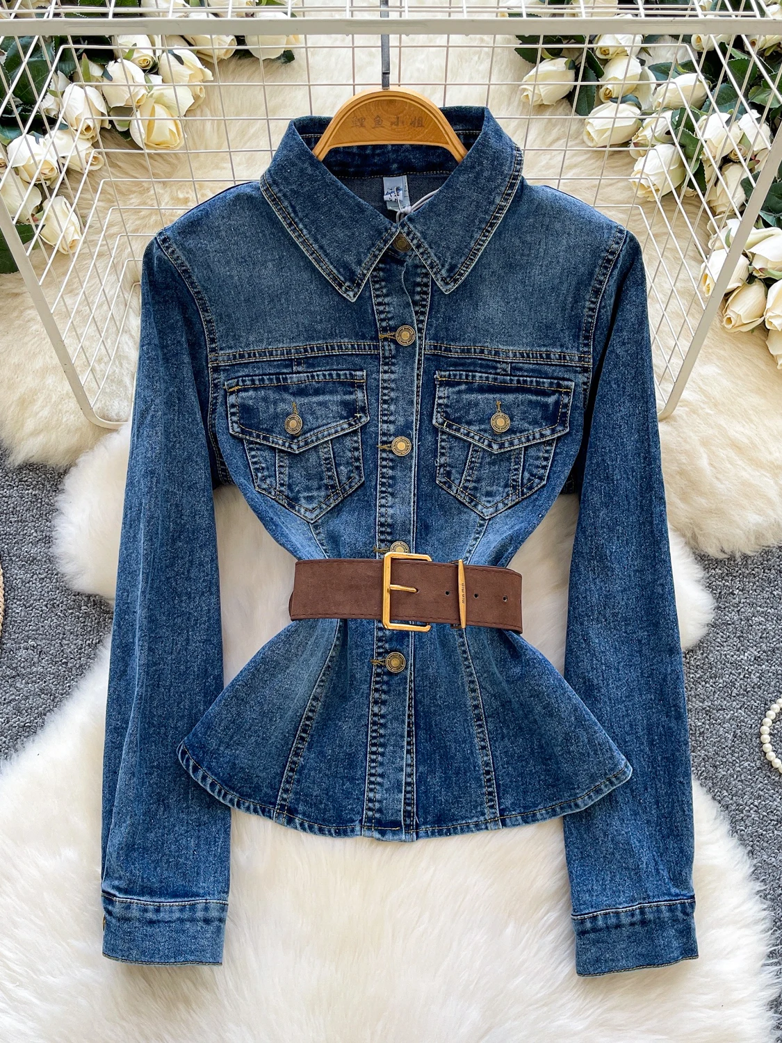 

Ele Long Sve Denim Jaet Women's Faion Metal Bule Waist-Cinching Belted Coat Autumn Season Ladies' Top