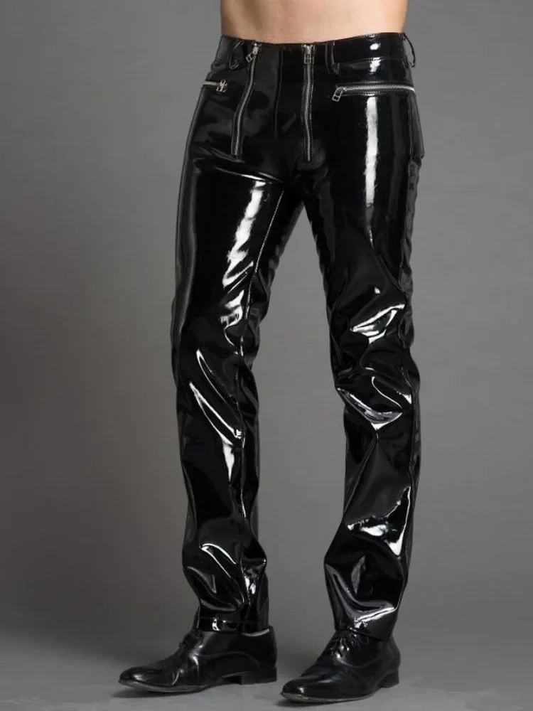 

Fashion Personality Double Zipper Leather Pants Singer Costumes Trousers 29-39 Men's New Stage Slim Japanned Leather Pants