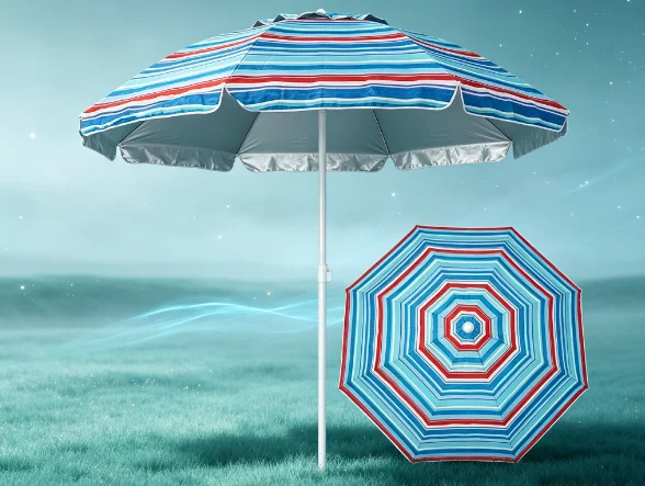 Portable 180cm Polyester Beach Umbrella, Push Button Tilt Outdoor Sun Shade, Custom Stripe Pattern for Travel Picnic