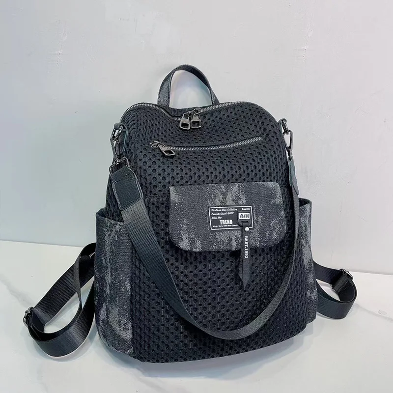 

2024 Women's Backpack New Mesh with Denim Backpack Multi functional Single Shoulder Bag Simple and Casual Large Capacity