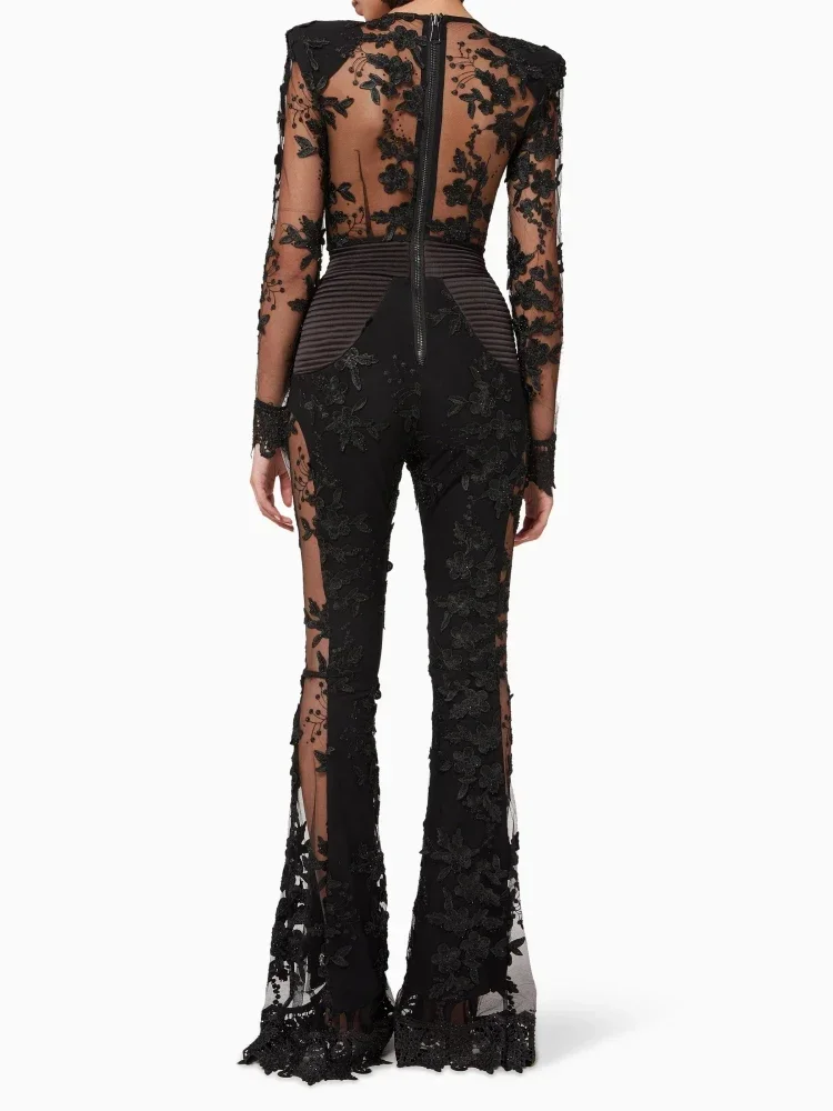 2025 Nieuwe Sexy Lange Mouw Bloemen Diamanten Borduren Jumpsuit Vrouwen Zwarte V-hals Mesh Patchwork Kralen Jumpsuit Cocktail Party