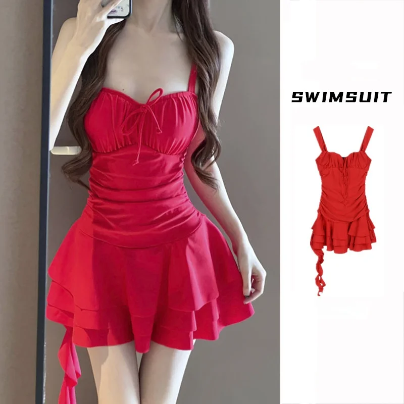 Traje de baño de una pieza para mujer estilo vestido baño térmico playa vacaciones carne ocultar adelgazamiento versión coreana sin espalda poliéster