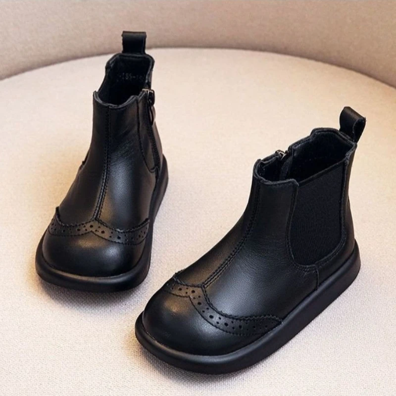 Vintage Style Children Genuine Leather Boots Autumn Fall Kids Ankle Boots Toddler Little Boys Girls Short Boots Black
