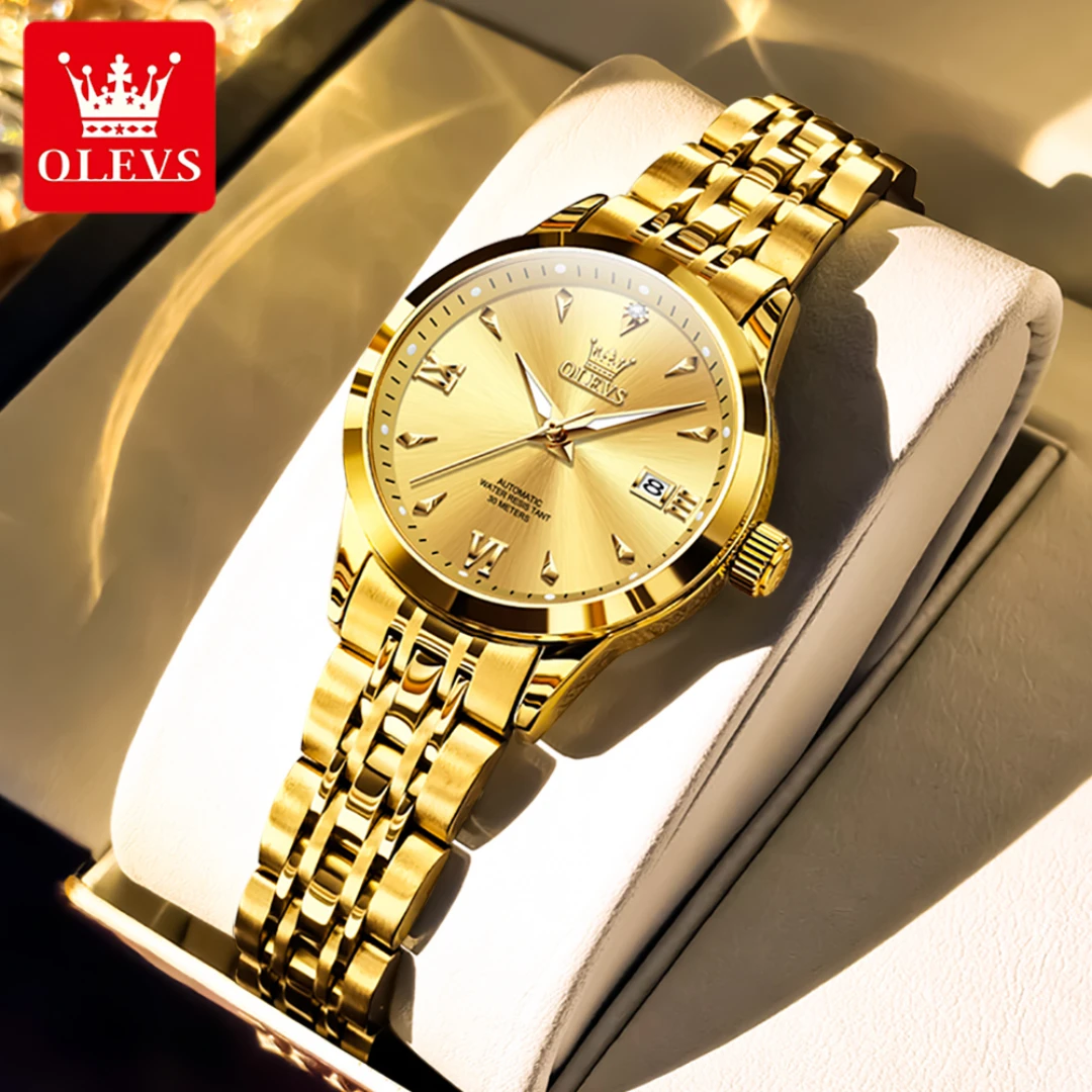 OLEVS 9956 Модные механические часы в подарок с круглым циферблатом из нержавеющей стали, ремешок для часов, наручные часы с календарем, светящийся