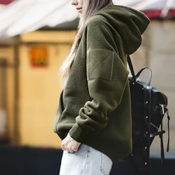 Maden Autumn and Winter Thickened Polar Fleece Hooded Sweatshirt for Women Dark Green Oversized Sweater Warm Streetwear Hoodies