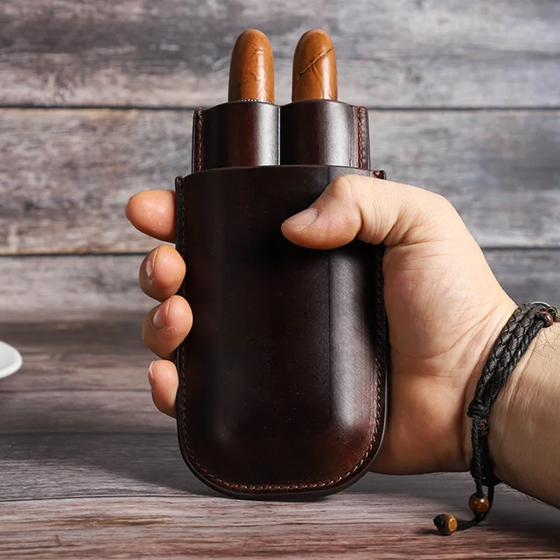 2-Slot Cigar Case Portable Travel Cigar Storage Pouch Bag Vintage Genuine Leather Cowhide Adjustable Cigar Shape Protection Case
