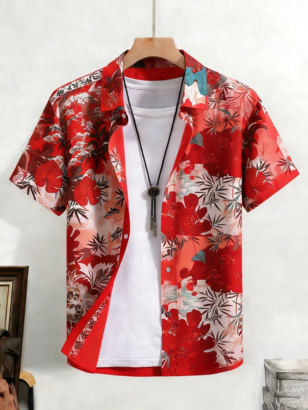Herren Einfaches Freizeit-Kurzarmhemd Farbenfrohes Pflanzenmuster Hochauflösend Bedrucktes Hemd Atmungsaktive Hawaiianische Outdoor-Herrenbekleidung