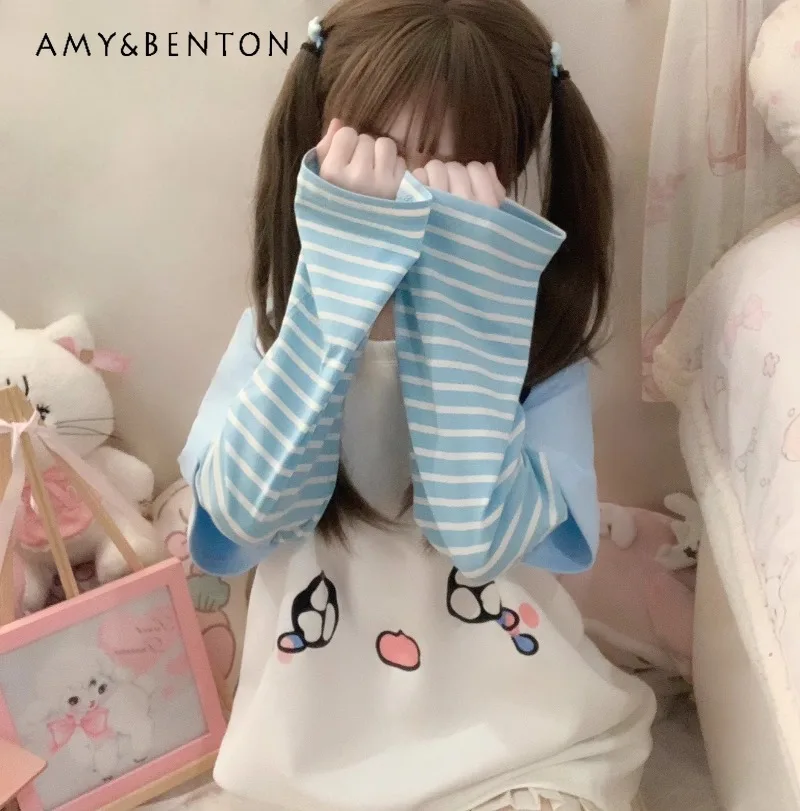 2024 Japanese Original Autumn New Cute Fake Two-piece Cartoon Kitten Ears Color Matching Striped Sweater Top For Girl