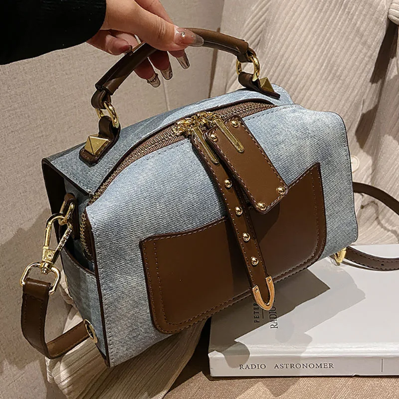 Denim And PU Splice Bag Fashion Color Contrast Women 2023 New Pop Handbag Light Luxury Texture Single Shoulder Crossbody Pack