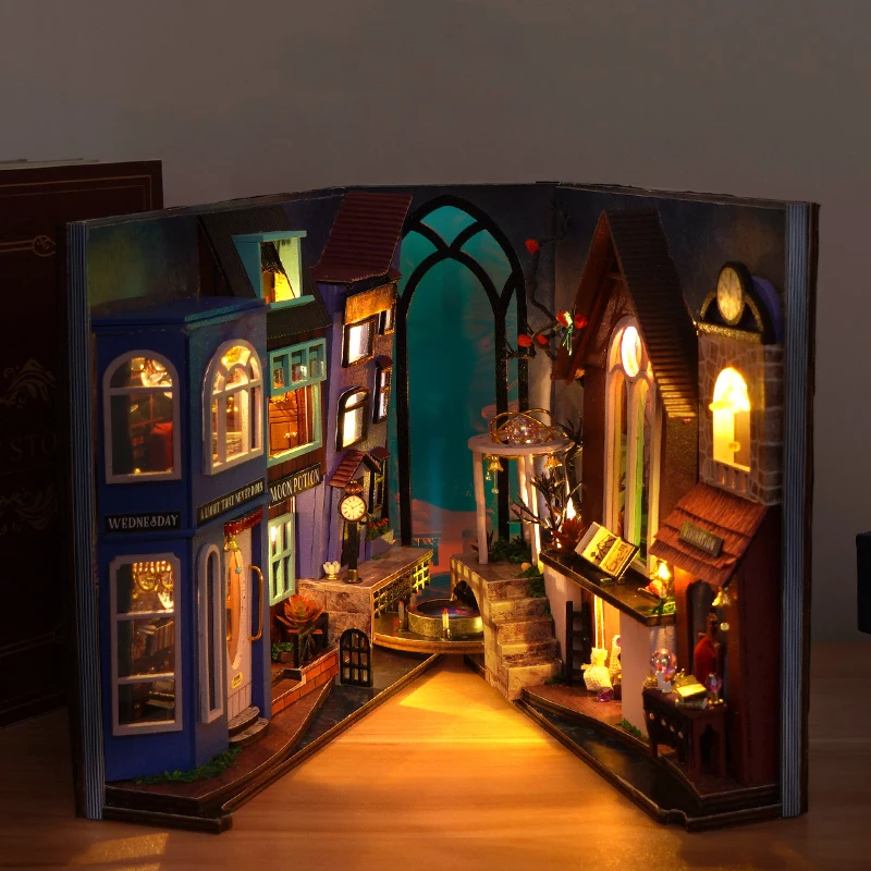 DIY książka Nook drewniany zestaw do miniaturowy Model magiczny stojak na książki Casa na podpólkę 3D Puzzle z lekką półką do dekoracji domu prezenty dla przyjaciół