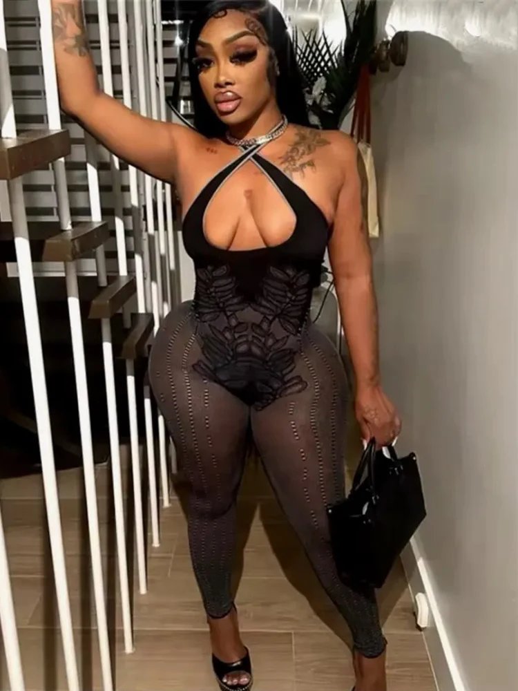 Weird Puss See Through Jumpsuits Woman Summer Long Sleeve Sheath Comfort Print Hipster Thin Trend Party Clubwear Sexy Overalls