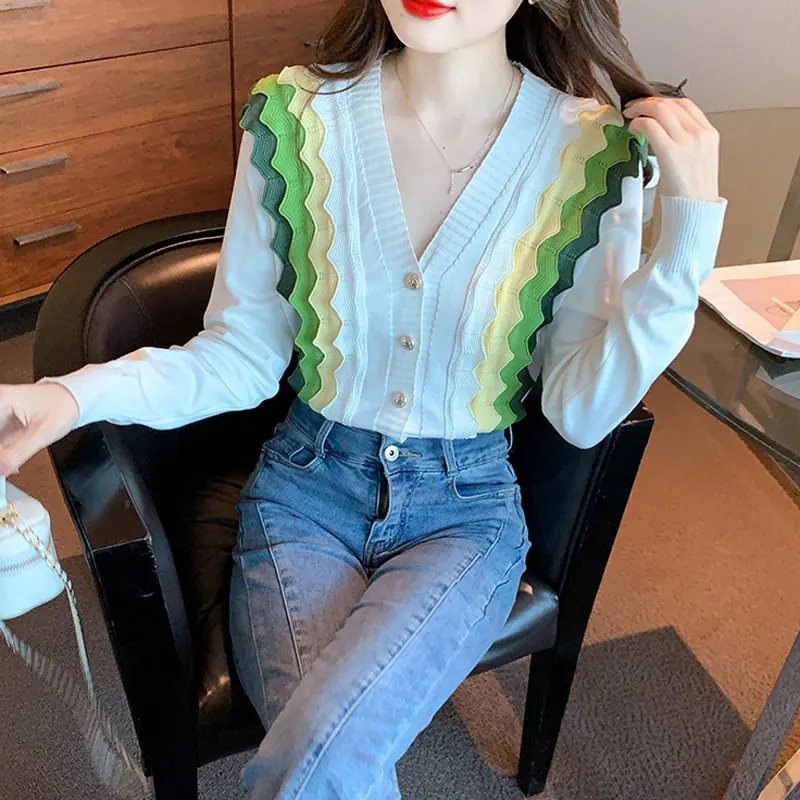 

Women's Clothing Wave Cut Knitted Blouse Fashion Casual Single-breasted Spring Autumn Elegant V-Neck Patchwork Straight Shirt