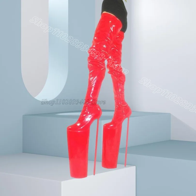 

Red Platform Stiletto Over Knee Boots Side Zipper Patent Leather British Style Stylish Women Party Boots Zapatos Para Mujere