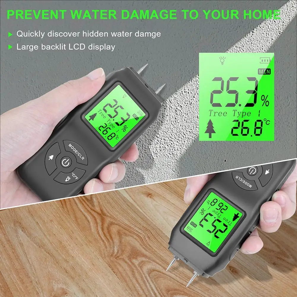 Digital Wood Moisture Meter LCD Display Timber Water Content Detector Pin-Type Lumber Damp Humidity Detector for Drywall Masonry