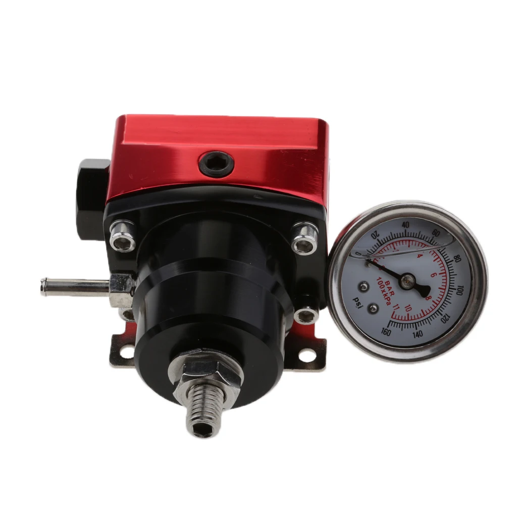 Universal Adjustable Aluminum Fuel Pressure Regulator Valve Kit and 160 Psi Pressure Gauge AN6 Fittings, Red