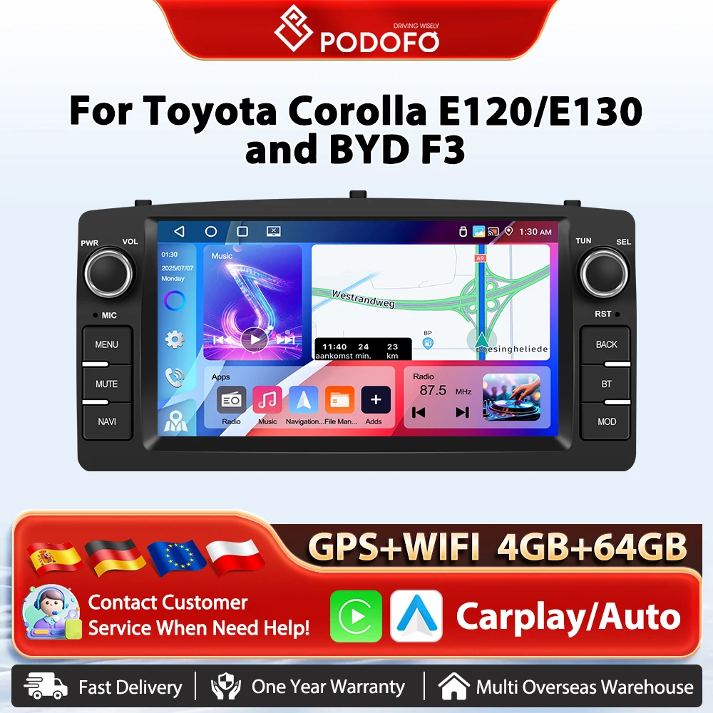 Podofo 7'' AI Stimme Drahtlose CarPlay Auto Radio GPS WIFI DSP 4 + 64G Multimedia Player FM/RDS BT EQ Für Toyota Corolla E120/E130