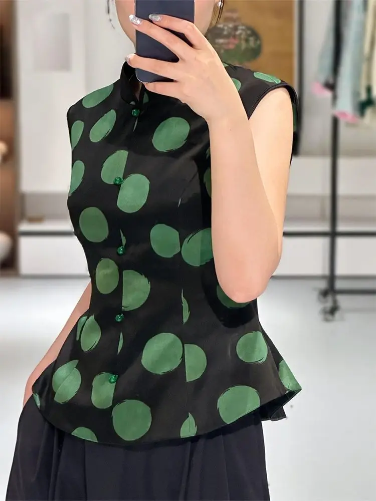 النمط الصيني خمر المرأة الأخضر البولكا نقطة سوداء بلا أكمام تي شيرت ، امرأة طيات بلايز القمصان