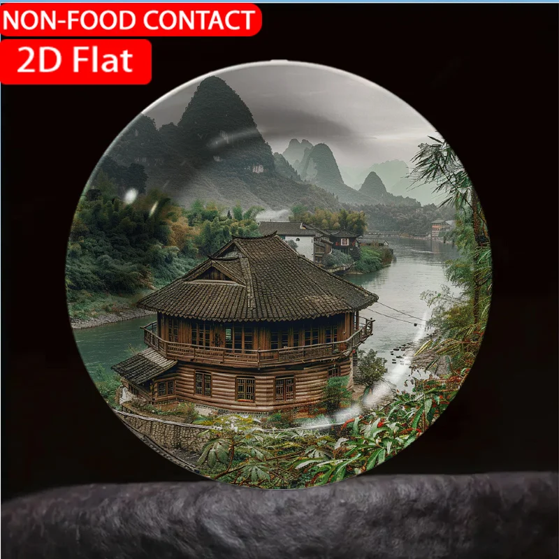 1pc Traditional Oriental Bamboo House Green Ceramic Plate Non-food Contact, Home Desk Ornaments, Living Room and Bedroom
