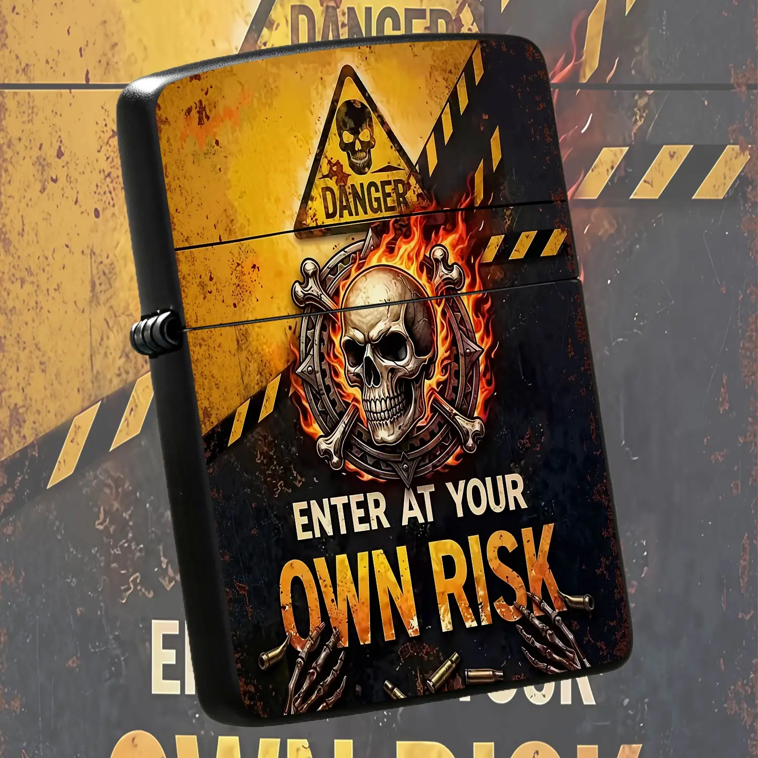 Vintage Danger Skull Pattern Windproof Lighter, Cool Fiery Crossbones Warning Themed Portable Ignition Tool, Durable Daily Accessory For Outdoor Adventure Home Use Camping Hiking, Unique Decorative Practical Gift For Fr A Humorous And Inter