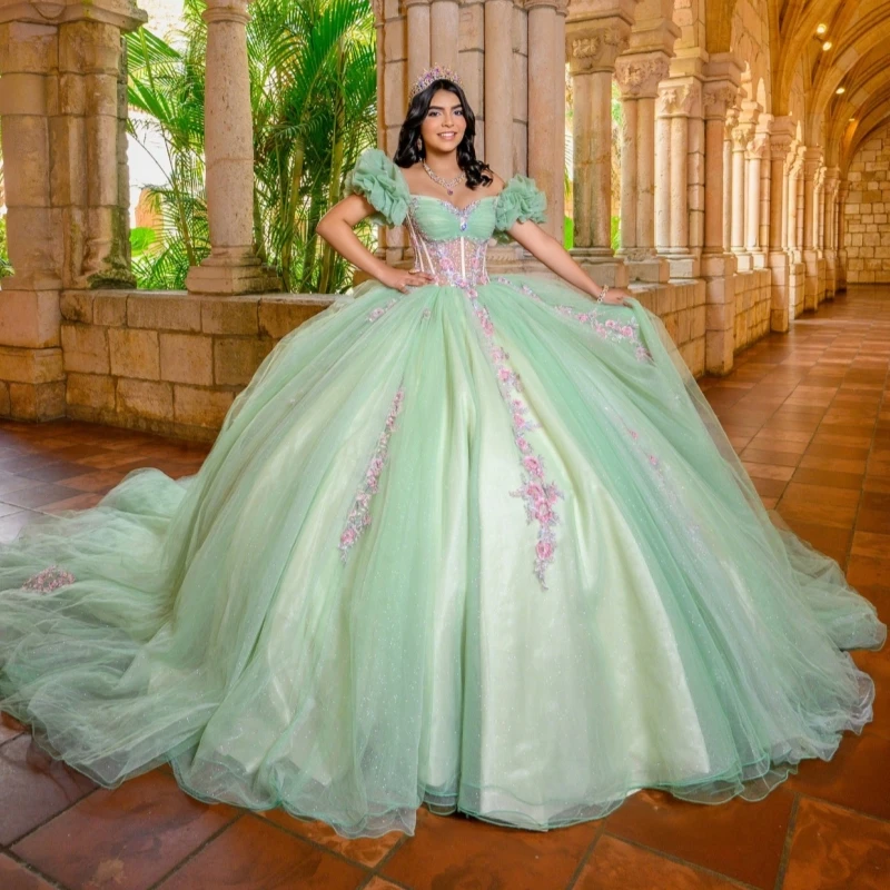 

Green Shiny Quinceanera Dresses Ball Gown Off The Shoulder Applique Lace Beads Tull Corset Party Birthday Sweet 16 Dress Vestido