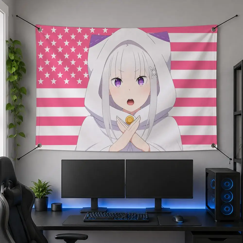 Anime Modern R-Re:ZERO Emilia Flags Flag Banner for Bedroom Dorm Party Home Living Room Game Room Gift