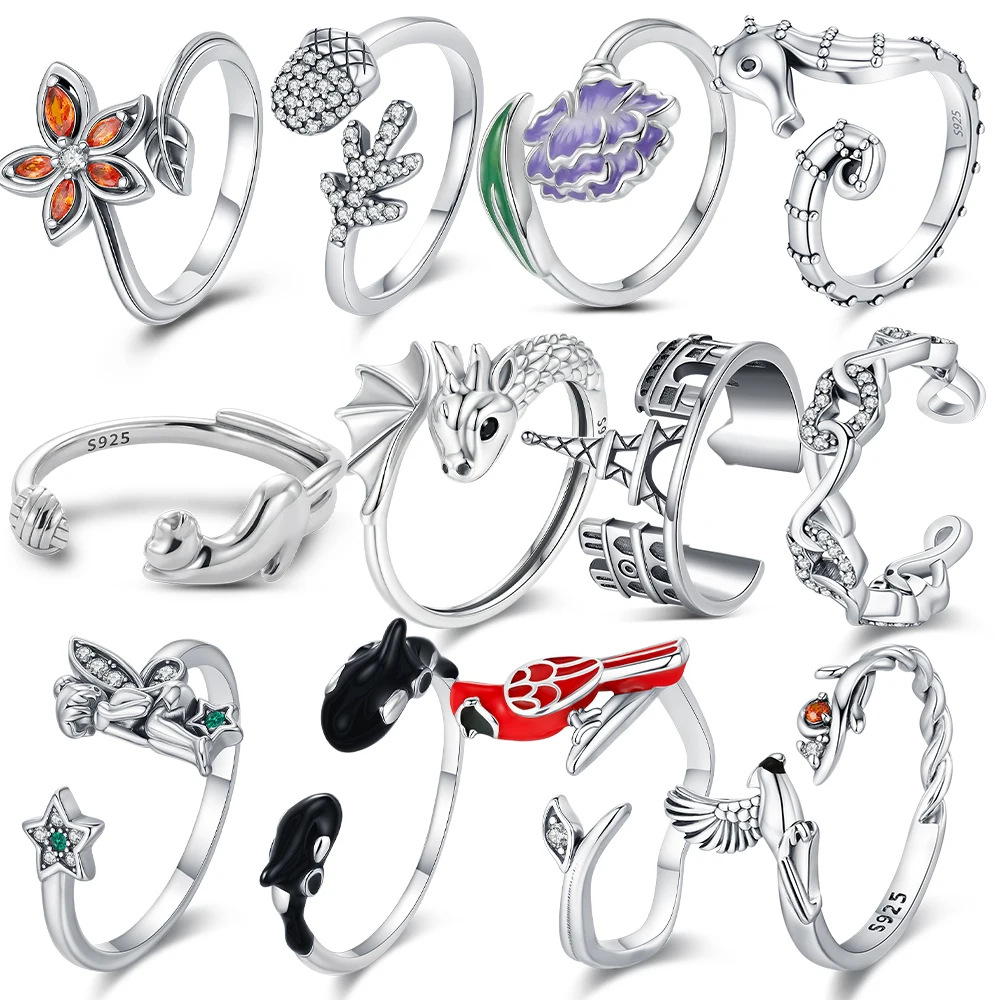 925 Sterling Silver Cute Ring Fashion Floral Seahorse Dragon Eiffel Tower Ring For Ladies Friends Jewelry Accessories Party Gift