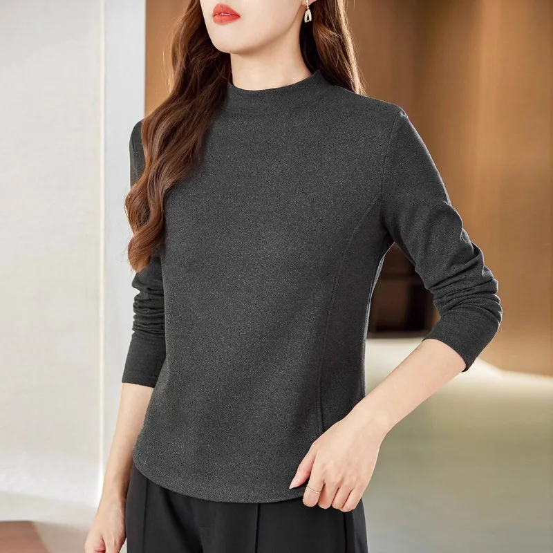 New Women Autumn Winter Thick T-shirt Fashion Half High Collar Long Sleeve Bottoming Shirt Casual Simplicity Warm T-shirt Female