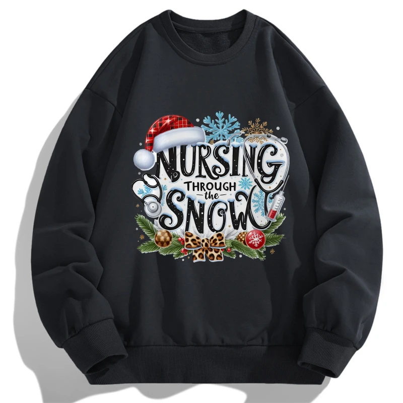 

2025 Ice and snow English letter graffiti print Spring Autumn Casual Long Sleeve T Shirt O Neck Christmas Design Comfortable Fit
