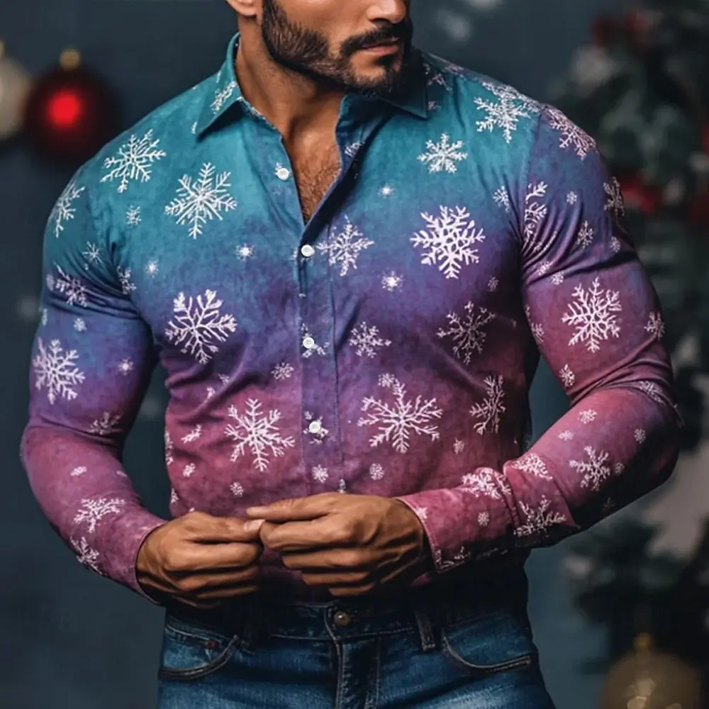 

Мужская рубашка с длинным рукавом и градиентом снежинки, повседневная облегающая уличная одежда, стильная рубашка с принтом, удобная верхняя блузка для мужчин