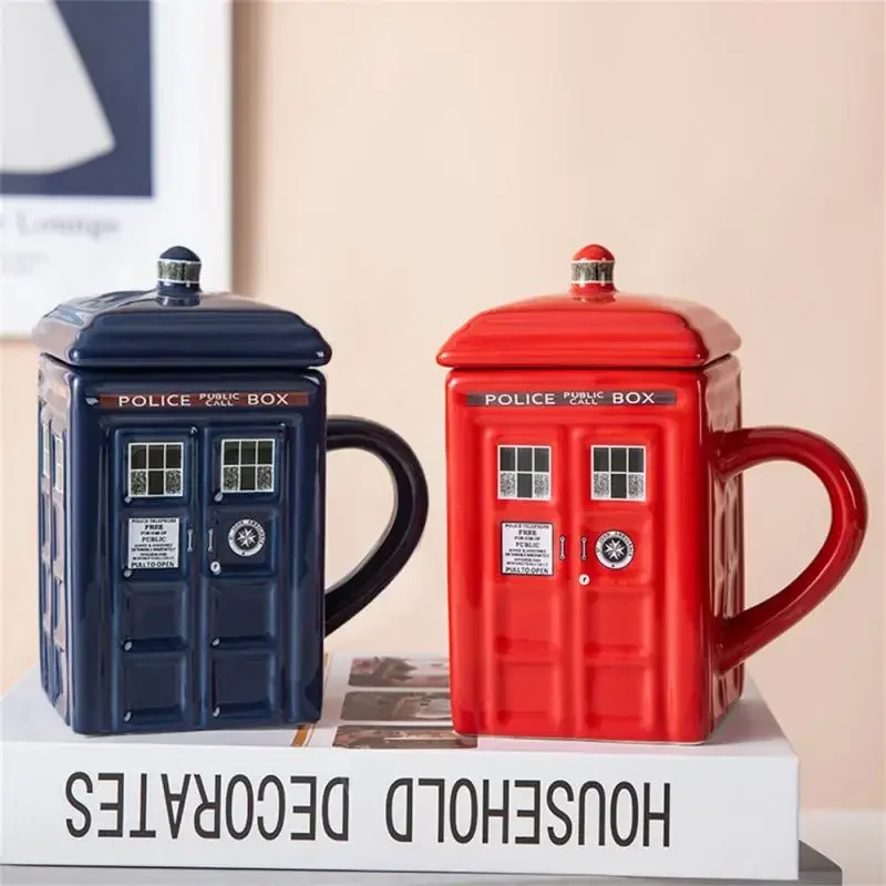 Creative Police Box Mug Old Style Funny Ceramic Coffee Tea Cup with Spoon Gift Box in Blue and Milk Drinks Breakfast Cup