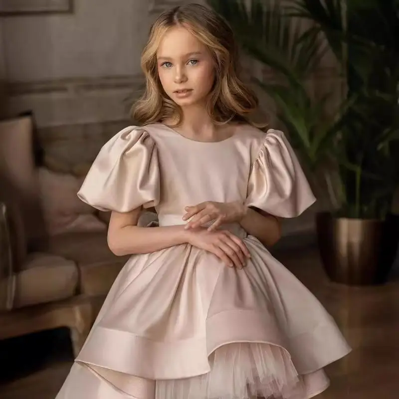 2024 Children Bubble Sleeves Retro Girl Dress Round Neck Princess Dresses Toddler Kids Birthday Party Clothing Teenager Frocks