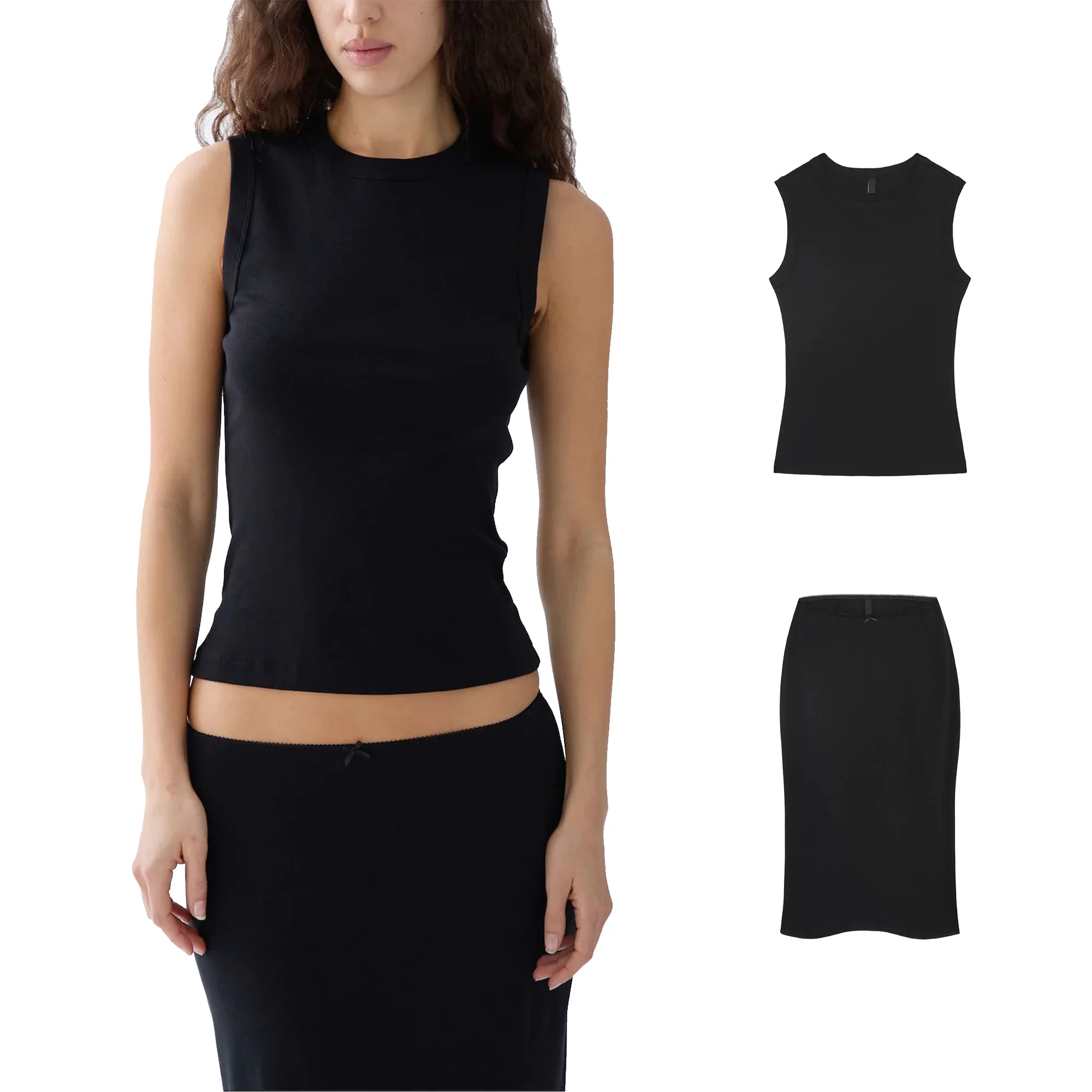 Cou Round-Neck Sleeveless Vest Set, Slim-Fit Short Knit Top, Waistband with Lace and Small Bow, Fishtail Mid-Length Skirt, Elastic Lace Waistband Low-Waist Skirt