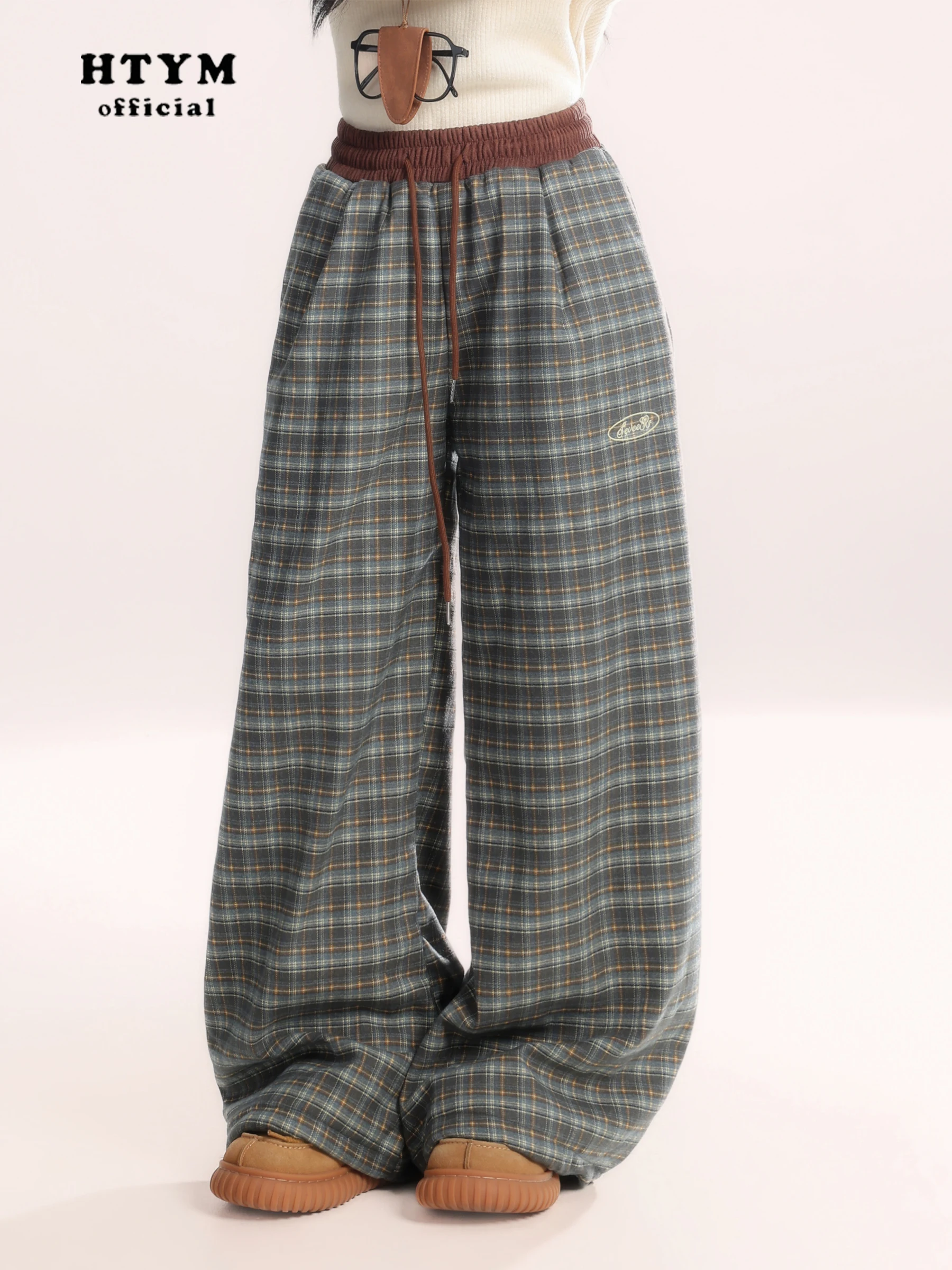 

Женские брюки HM American Retro в клетку, осенне-зимние, прямые, широкие, струящиеся, теплые, повседневные