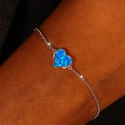 Romantic Love Heart Stone White Blue Fire Opal Chain Bracelets For Women Real 925 Sterling Silver Wedding Jewelry Valentine Gift