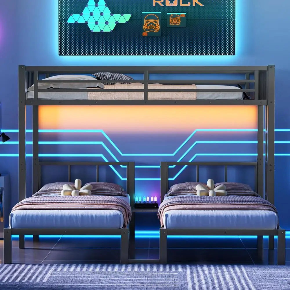 

Прочная металлическая трехъярусная кровать с LED-подсветкой, зарядной станцией и местом для хранения для детей и подростков, черная