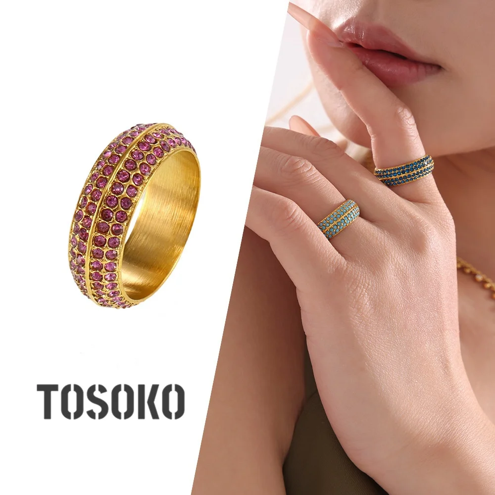 

TOSOKO Four Rows Full Of 5A Zircon Heavy Industry Inlaid Ring Stainless Steel PVD Vacuum Non Fading Ring For Women A979