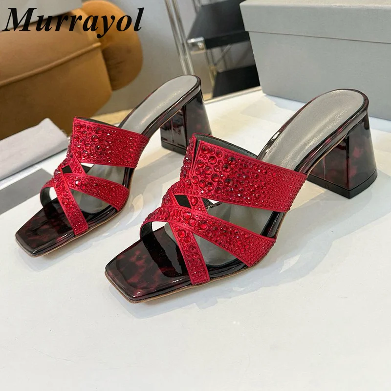 Karree Offene spitze Quadratische Absätze Hausschuhe Frauen Echtes Leder Strass Dekor Sandalen Sommer Kleid Schuhe Pumps Urlaub Schuhe