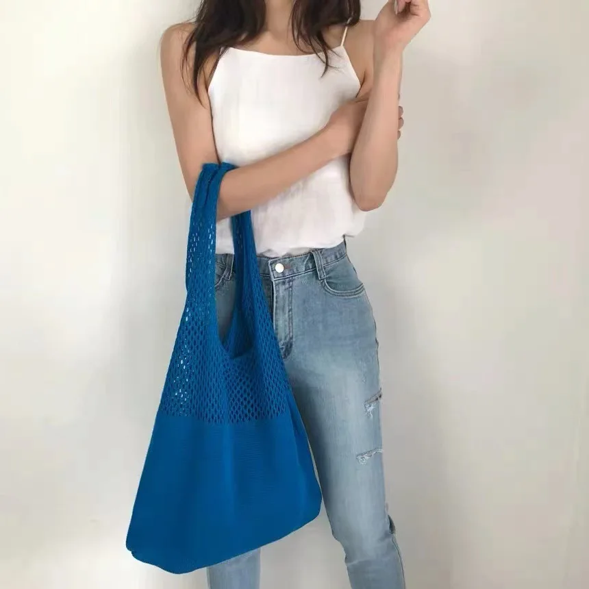 Mesh Hobo Shopping Bag Women Bags Korean Large Capacity Knitted Hollow Shoulder Bag Boho Woven Summer Beach Shopper Bucket Tote