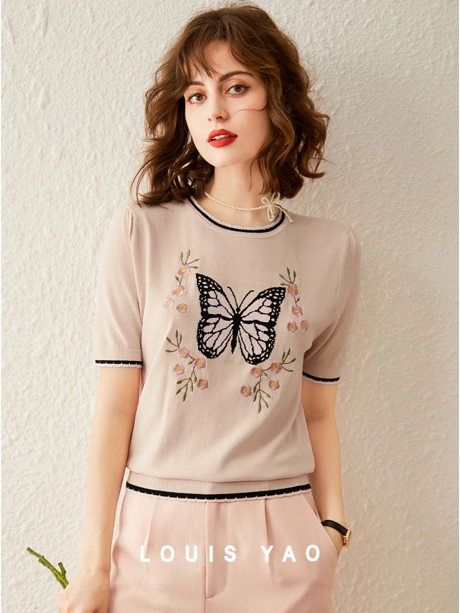 

LOUIS YAO Women T-shirt 2024 Summer New Butterfly Embroider Round Neck Short Sleeve Loose Fit Sweat Knitwear Women's Top