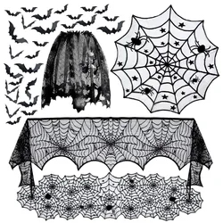 Halloween Decorations Tablecloth Runner Black Lace Round Spider Cobweb Table Cover Fireplace Mantel Scarf Spiderweb Fireplace