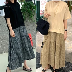 Summer plus Size 5XL Women's Patchwork Print Floral Dress Loose Knitted Fake Two Piece T-shirt Robe Ladies Vestidos KE2380