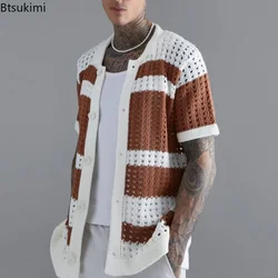 2024 Fashion Striped Patchwork Knitted Shirts for Men Summer Short-sleeved Hollow Out Tops Knit Casual Cardigan Male Streetwear