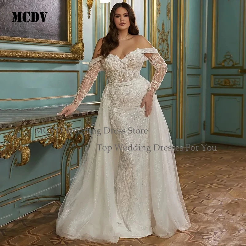 

MCDV Plus Size Wedding Dress Detachable Train Customized Off Shoulder Sweetheart Beading Sweep Train Arabian Bridal Gown