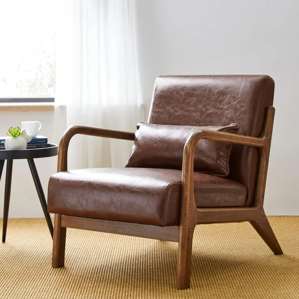 Fauteuil d'accent café du milieu du siècle, fauteuil de lecture simple, chaise longue en cuir PU avec cadre en bois de caoutchouc pour brochure, 30.75 po H