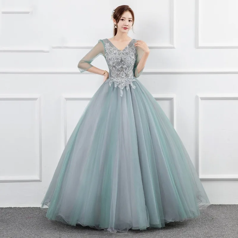 Sukienka wieczorowa damska z dekoltem w serek, haftowana, z siateczki, modna, dopasowana, z paskiem na plecach, elegancka, na roczne spotkanie, z bufiastą spódnicą, 2026.