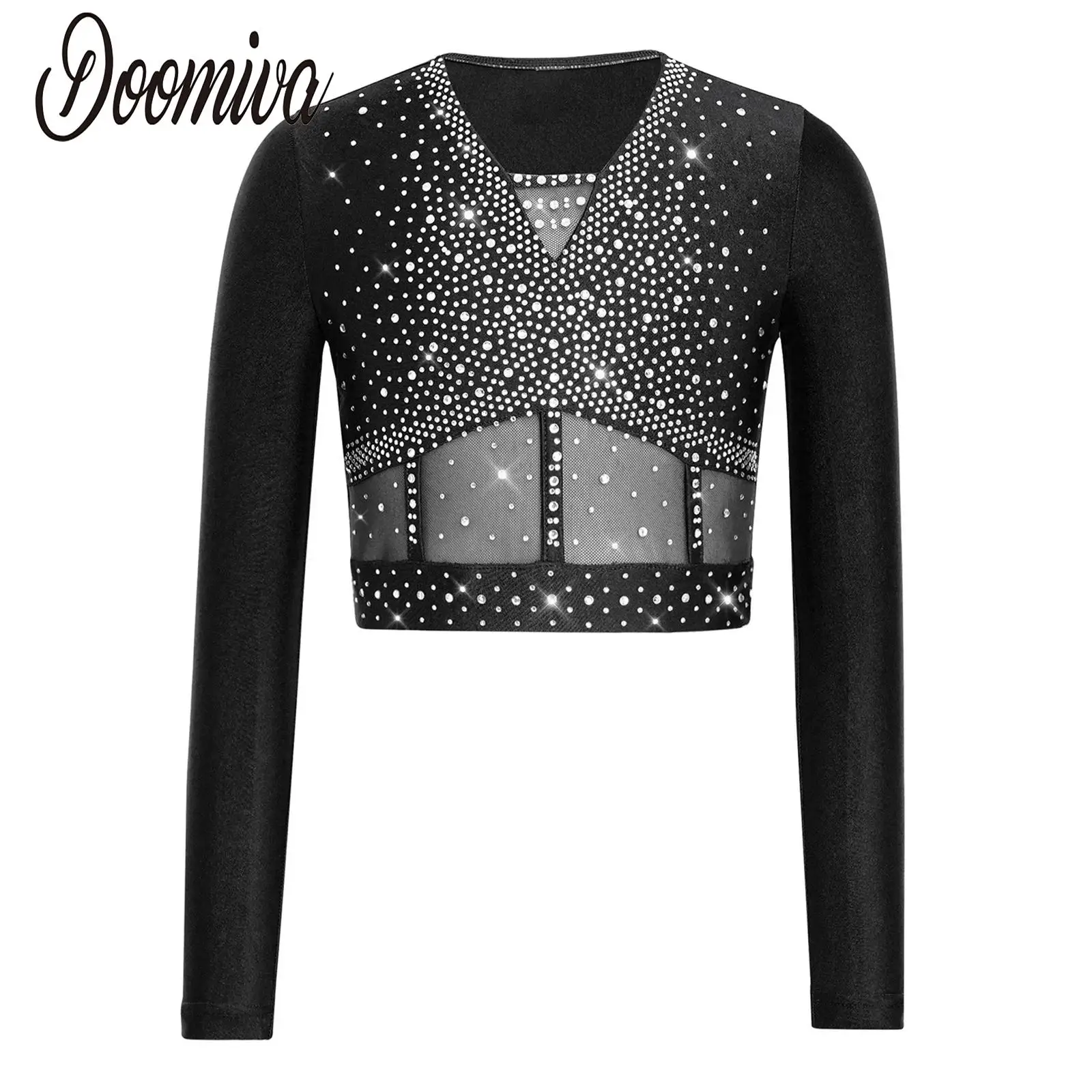 

Kids Girls Rhinestones Jazz Lyrical Dance Tops Figure Skating Performance Costume Long Sleeve sheer Mesh Patchwork Cropped Tops