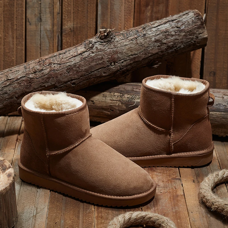 KZZO Size 37-48 Australia Classic Real Sheepskin Suede Leather Men Sheep Wool Fur Lined Winter Short Ankle Snow Boots Grey Shoes