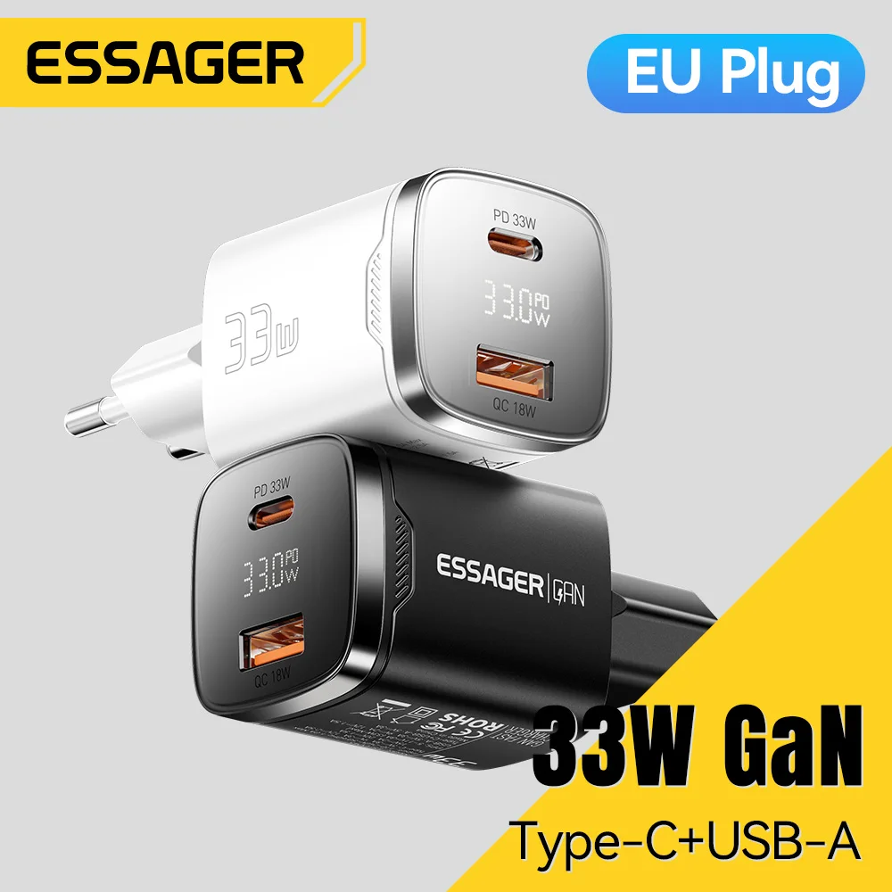 Essager 33W GaN USB C Ładowarka Cyfrowy wyświetlacz PD Szybkie ładowanie dla iPhone 16 15 14 Max Pro iPad Dla Xiaomi Poco Samsung Ładowarka